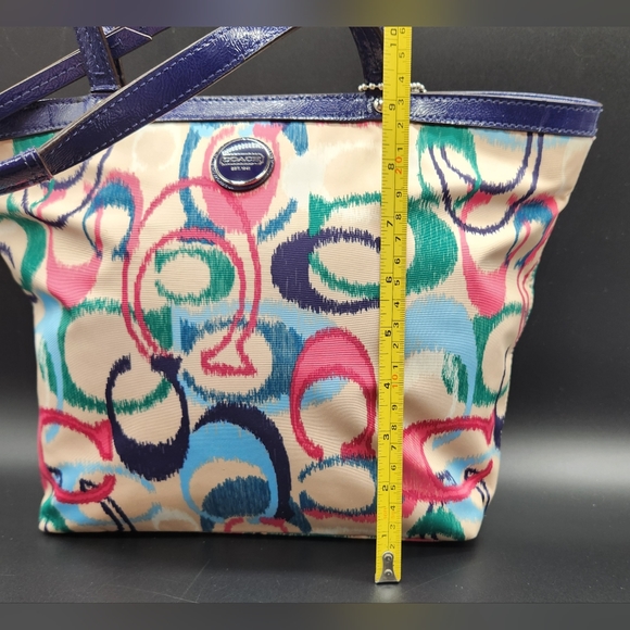 Gently Used Coach Signature Stripe Ikat Print Canvas Royal Blue Trimmed Tote Bag - Picture 15 of 16